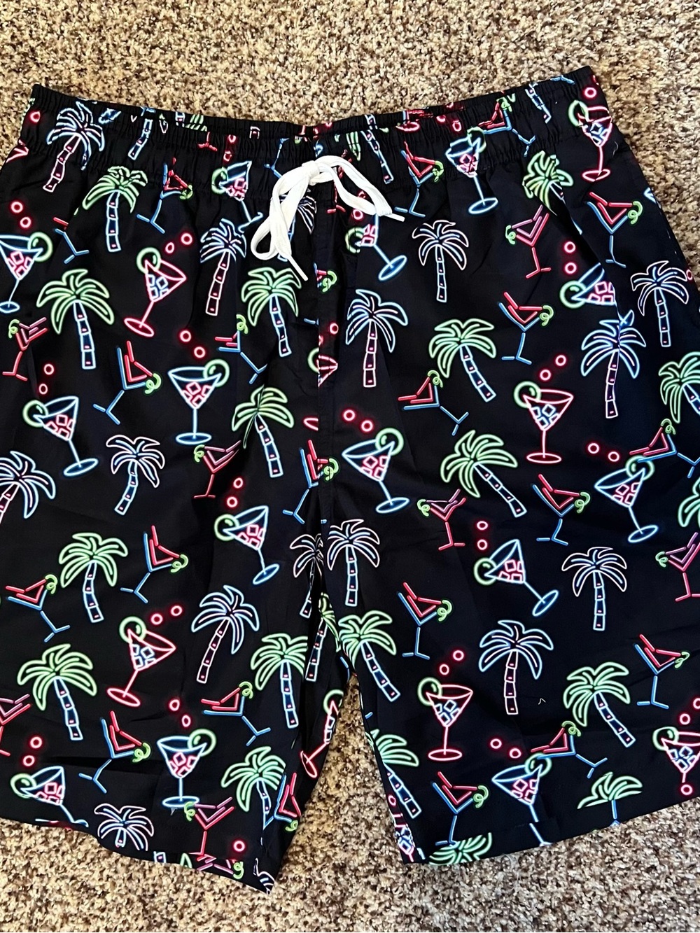 Men’s Neon Palm & Cocktail Print Swim Trunks Sz XL